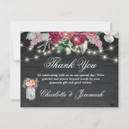 Rustic Burgundy Mason Jar String Lights Wedding Bedankkaart