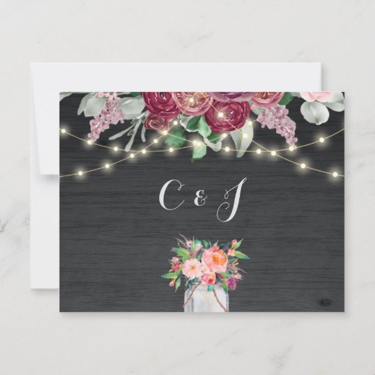 Rustic Burgundy Mason Jar String Lights Wedding Bedankkaart (Achterkant)