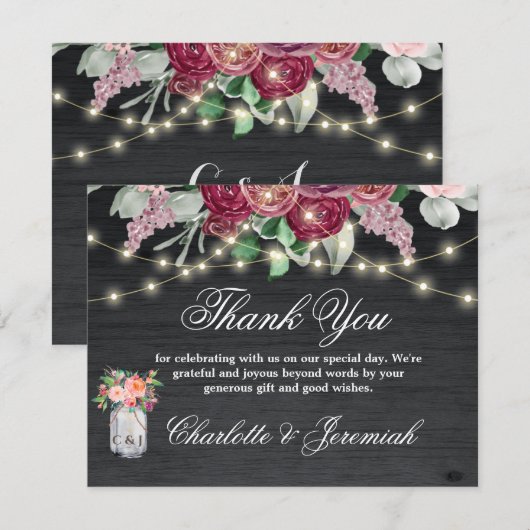 Rustic Burgundy Mason Jar String Lights Wedding Bedankkaart (Voorkant / Achterkant)