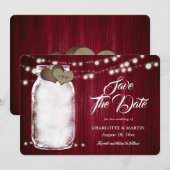 Rustic Burgundy Mason Jar String Lights Wedding Save The Date (Voorkant / Achterkant)