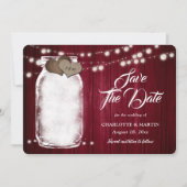 Rustic Burgundy Mason Jar String Lights Wedding Save The Date (Voorkant)