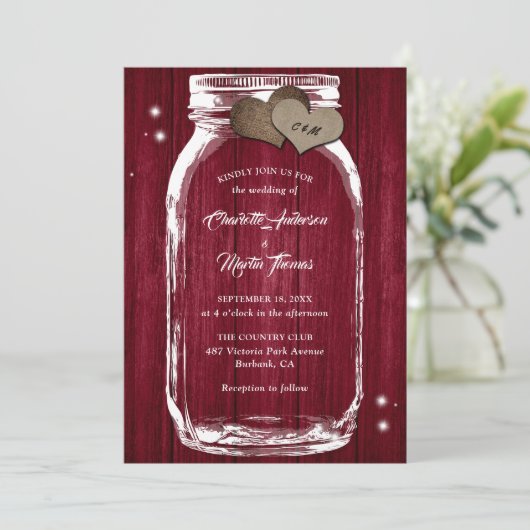 Rustic Burgundy Mason Jar Wedding Invitations Kaart (Staand voorkant)