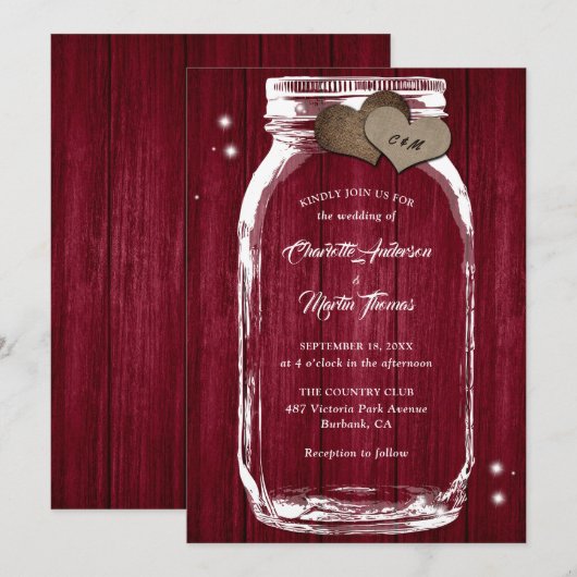 Rustic Burgundy Mason Jar Wedding Invitations Kaart (Voorkant / Achterkant)