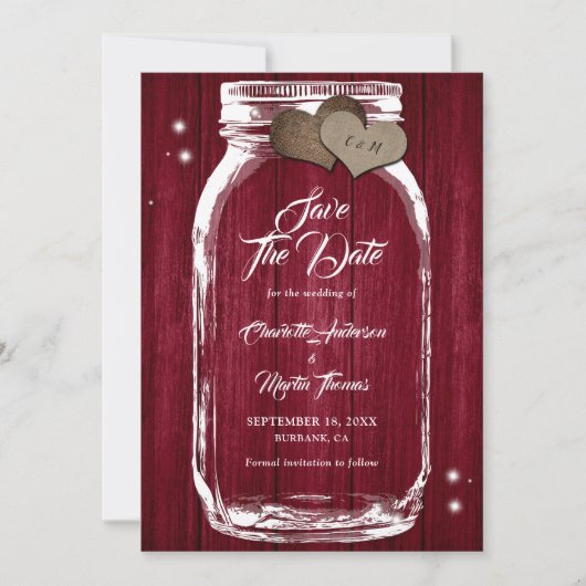 Rustic Burgundy Mason Jar Wedding Save the Date (Voorkant)