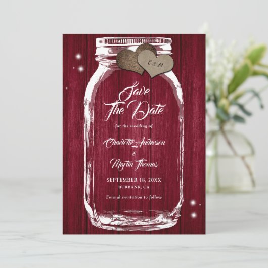 Rustic Burgundy Mason Jar Wedding Save the Date (Staand voorkant)