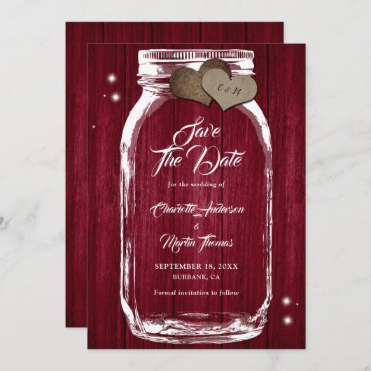 Rustic Burgundy Mason Jar Wedding Save the Date (Voorkant / Achterkant)