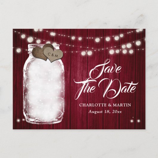 Rustic Burgundy Mason Jar Wedding Save the Date Aankondigingskaart (Voorkant)