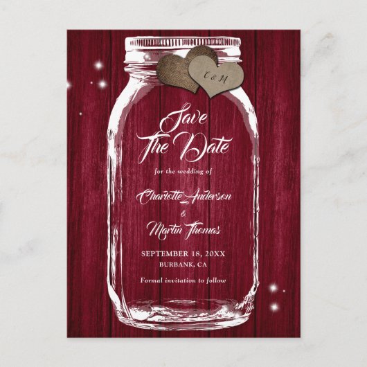 Rustic Burgundy Mason Jar Wedding Save the Date Aankondigingskaart (Voorkant)