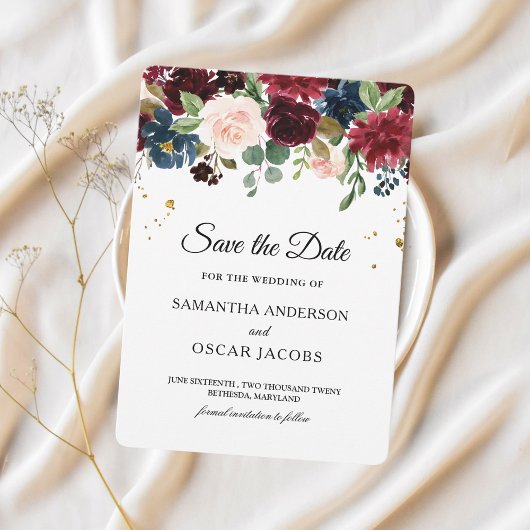 Rustic Burgundy & Navy Blauw Bloemmotief Save The Date
