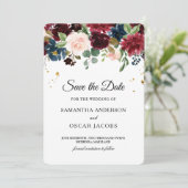 Rustic Burgundy & Navy Blauw Bloemmotief Save The Date (Staand voorkant)