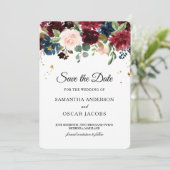 Rustic Burgundy & Navy Blauwe Bloemen Save The Date (Staand voorkant)