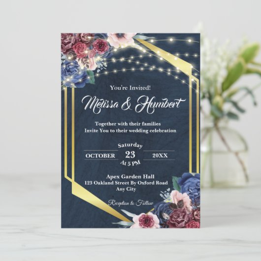 Rustic Burgundy Navy Blue Gold Geometric Wedding Kaart (Staand voorkant)