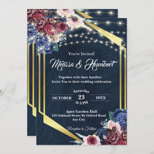 Rustic Burgundy Navy Blue Gold Geometric Wedding Kaart (Voorkant / Achterkant)