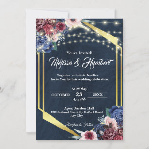 Rustic Burgundy Navy Blue Gold Geometric Wedding Kaart
