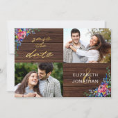 Rustic Burgundy Navy Blue Gold Wood Floral Save The Date (Voorkant)