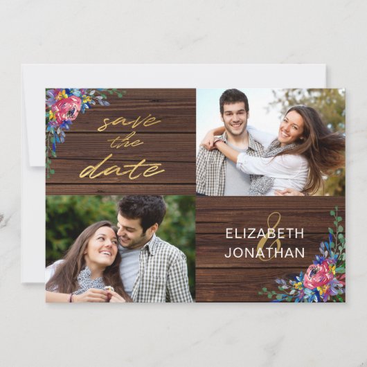 Rustic Burgundy Navy Blue Gold Wood Floral Save The Date (Voorkant)