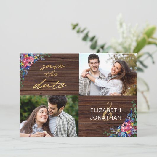 Rustic Burgundy Navy Blue Gold Wood Floral Save The Date (Staand voorkant)