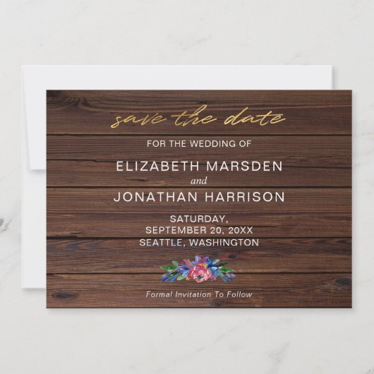 Rustic Burgundy Navy Blue Gold Wood Floral Save The Date (Achterkant)