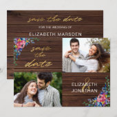 Rustic Burgundy Navy Blue Gold Wood Floral Save The Date (Voorkant / Achterkant)