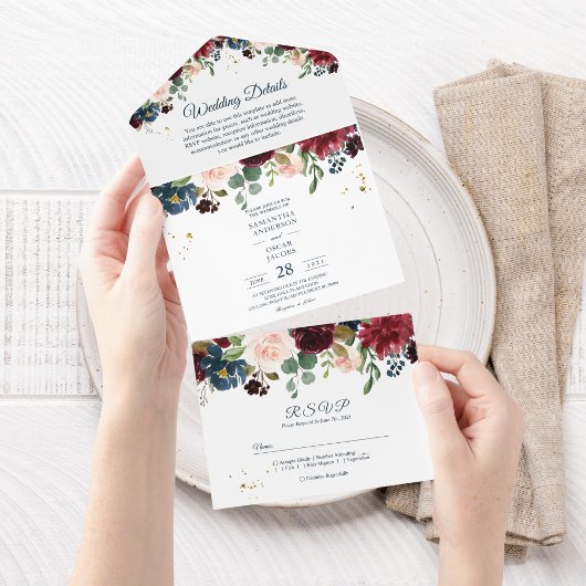 Rustic Burgundy Navy Blue & Red Beauty Flowers All In One Uitnodiging