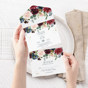 Rustic Burgundy Navy Blue & Red Beauty Flowers All In One Uitnodiging