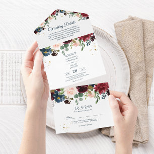 Rustic Burgundy Navy Blue & Red Beauty Flowers All In One Uitnodiging