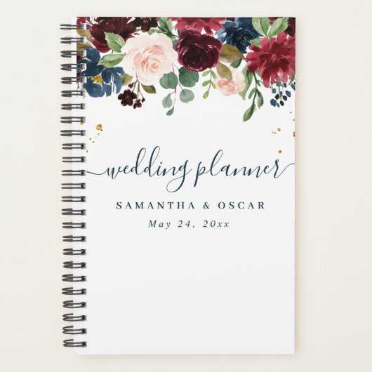 Rustic Burgundy Navy Blue & Red Beauty Flowers Planner (Voorkant)