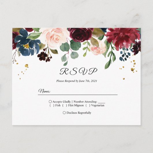 Rustic Burgundy Navy Blue & Red Beauty Flowers Uitnodiging Briefkaart (Voorkant)