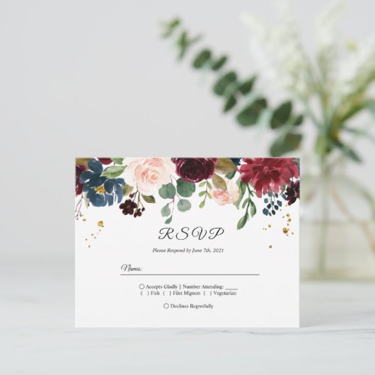Rustic Burgundy Navy Blue & Red Beauty Flowers Uitnodiging Briefkaart (Staand voorkant)