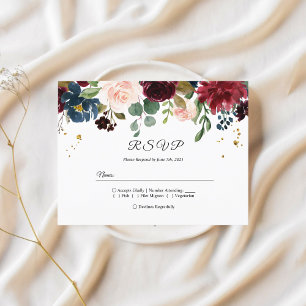 Rustic Burgundy Navy Blue & Red Beauty Flowers Uitnodiging Briefkaart