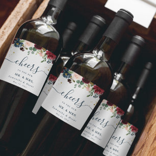 Rustic Burgundy Navy Blue & Red Beauty Flowers Wijn Etiket