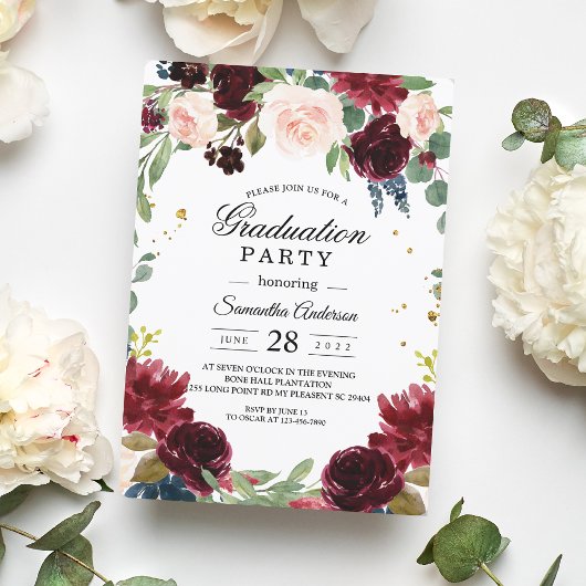 Rustic Burgundy Navy Blue & Red Flowers Lijst Kaart