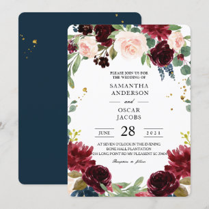 Rustic Burgundy Navy Blue & Red Flowers Lijst Kaart
