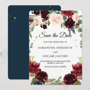 Rustic Burgundy Navy Blue & Red Flowers Lijst Save The Date