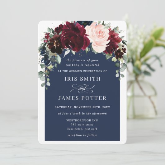 Rustic Burgundy Navy Blush Floral Arch Wedding Kaart (Staand voorkant)