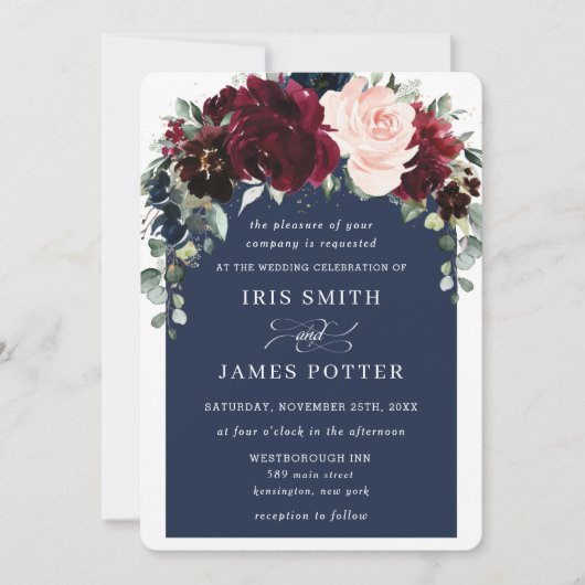 Rustic Burgundy Navy Blush Floral Arch Wedding Kaart (Voorkant)