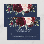 Rustic Burgundy Navy Blush Floral Greenery Wedding RSVP Kaartje (Voorkant / Achterkant)