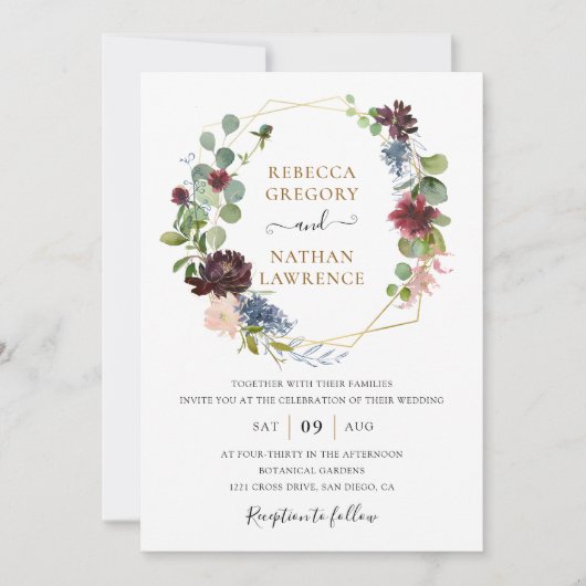 Rustic Burgundy Navy Floral Geometric Wedding Kaart (Voorkant)