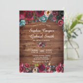 Rustic Burgundy Navy Floral Wood Weddenschap Kaart (Staand voorkant)