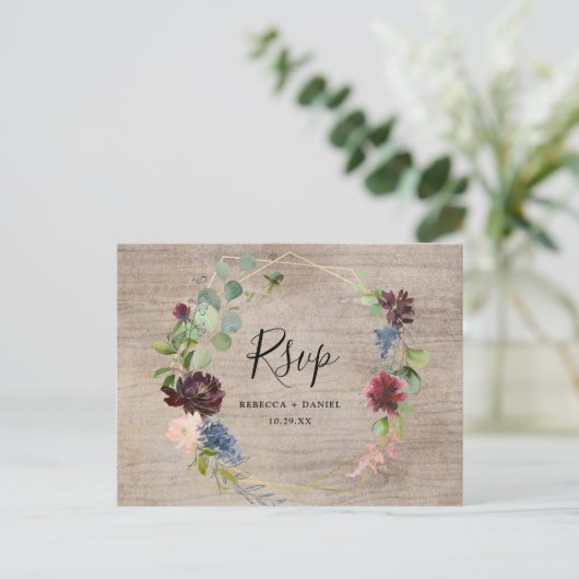 Rustic Burgundy Navy Florals met Greenery Rsvp Briefkaart (Staand voorkant)