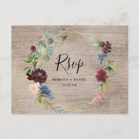 Rustic Burgundy Navy Florals met Greenery Rsvp Briefkaart (Voorkant)