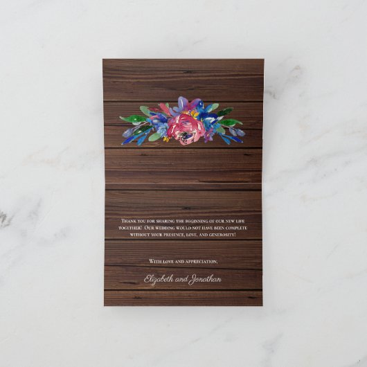 Rustic Burgundy Navy Gold Floral Dark Wood Bedankkaart (Binnen)