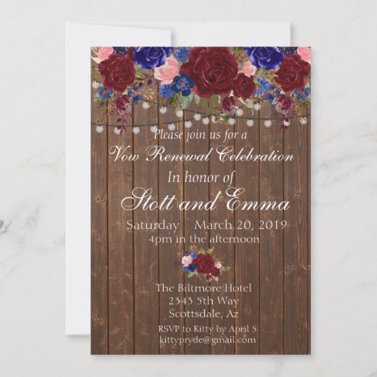 Rustic Burgundy Navy Wood Vow Renewal Flower Kaart (Voorkant)