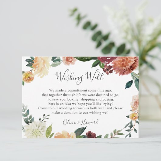 Rustic Burgundy Oranje Floral Wedding Goed Informatiekaartje (Staand voorkant)