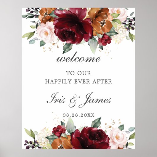 Rustic Burgundy Oranje Floral Wedding Welkomstteke Poster (Voorkant)