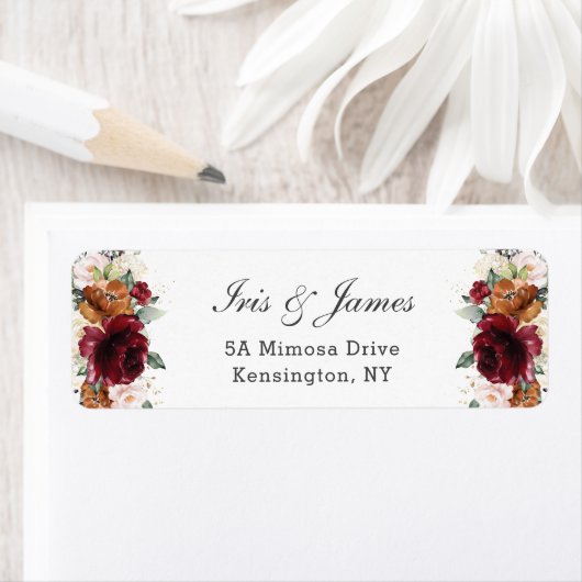 Rustic Burgundy Oranje Ivory White Floral Wedding Etiket (Insitu)