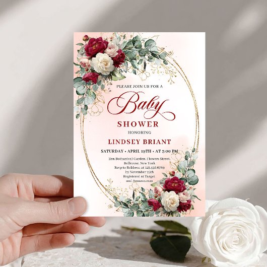 Rustic Burgundy Peony Gold Baby Shower Invite Kaart