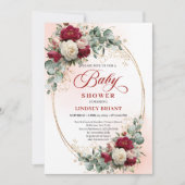 Rustic Burgundy Peony Gold Baby Shower Invite Kaart (Voorkant)