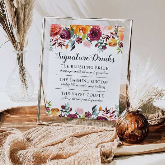 Rustic Burgundy Pink Fall Wedding Signature Drinke Poster