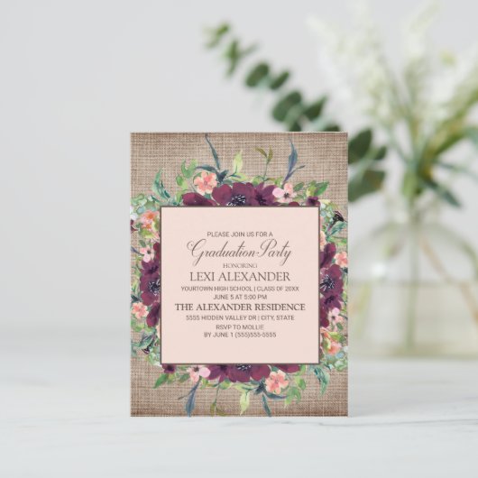 Rustic Burgundy Pink Floral Burlap Afstuderen Briefkaart (Staand voorkant)